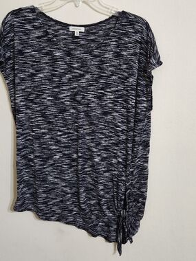 Max Studio Navy & White Space-Dye Tie-Hem Short Sleeve Top